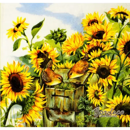 Serwetka do decoupage firmy IHR słoneczniki  w ogrodzie z ptaszkami 33x33 IHR Unikat 33x33cm.